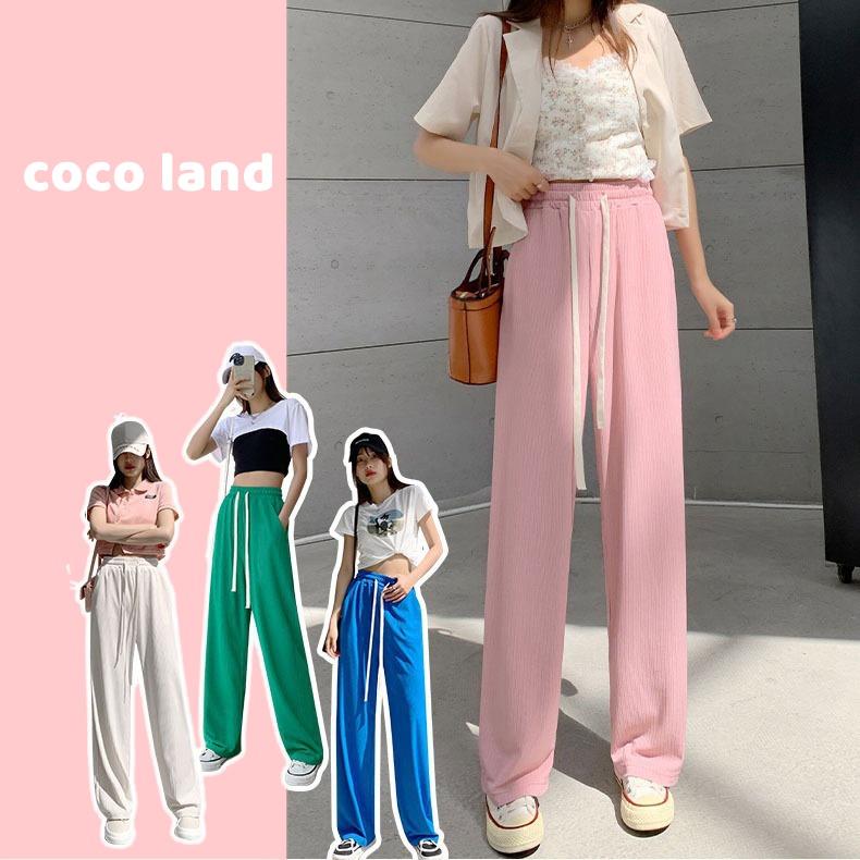 Quần ống rộng thun tăm xuất hàn lưng cao cạp chun dây rút dáng xuông dài Quần culottes ống suông co dãn vải mềm mát lạnh