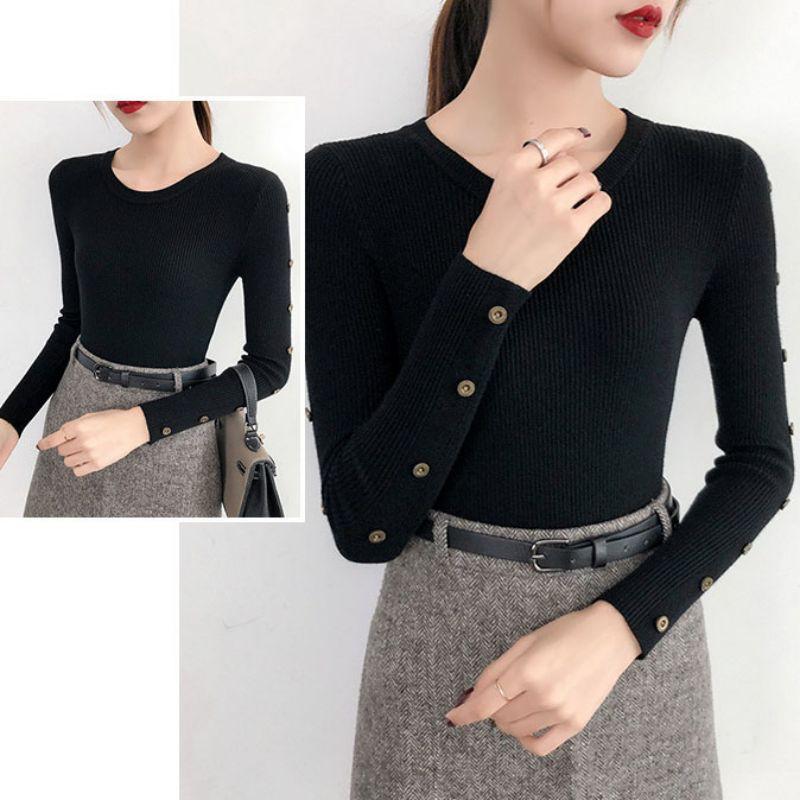 Áo dệt kim tay dài phối nút màu trơn thiết kế thanh lịch