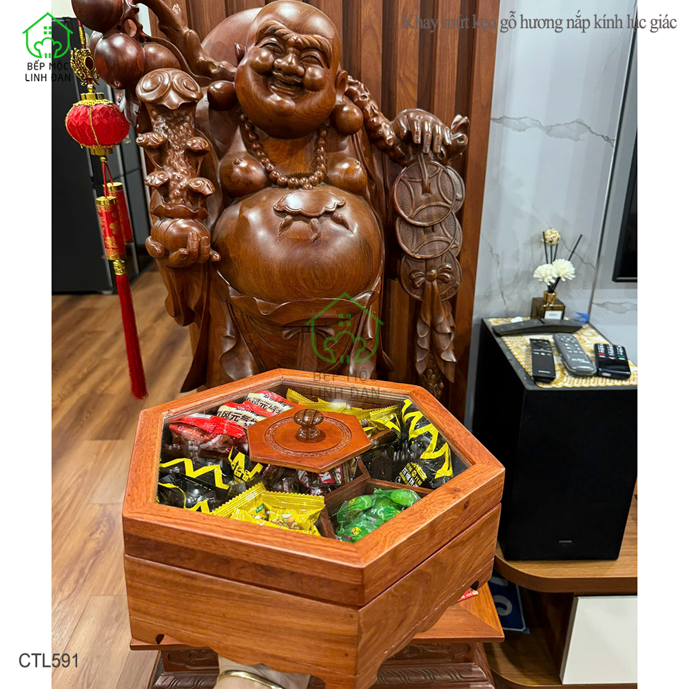 Khay gỗ Hương đựng bánh kẹo, mứt tết - Nắp kính hình lục giác, mẫu mới nhất - CTL591
