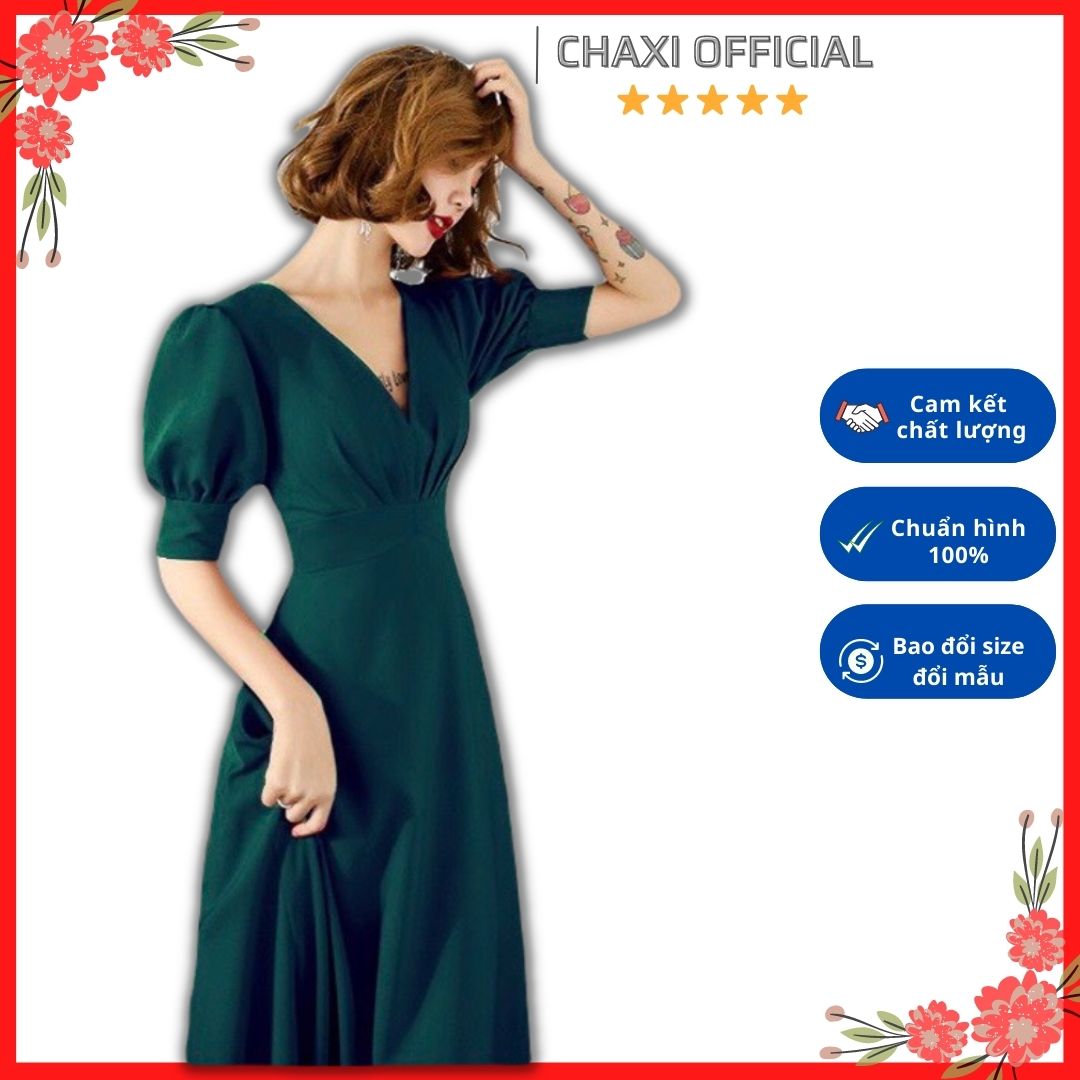 Đầm maxi lụa xòe cổ v tay phồng màu xanh phong cách vintage - VN491901