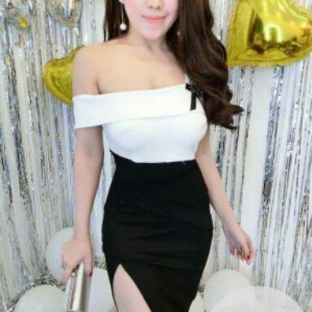 Đầm body bẹt vai xẻ tà