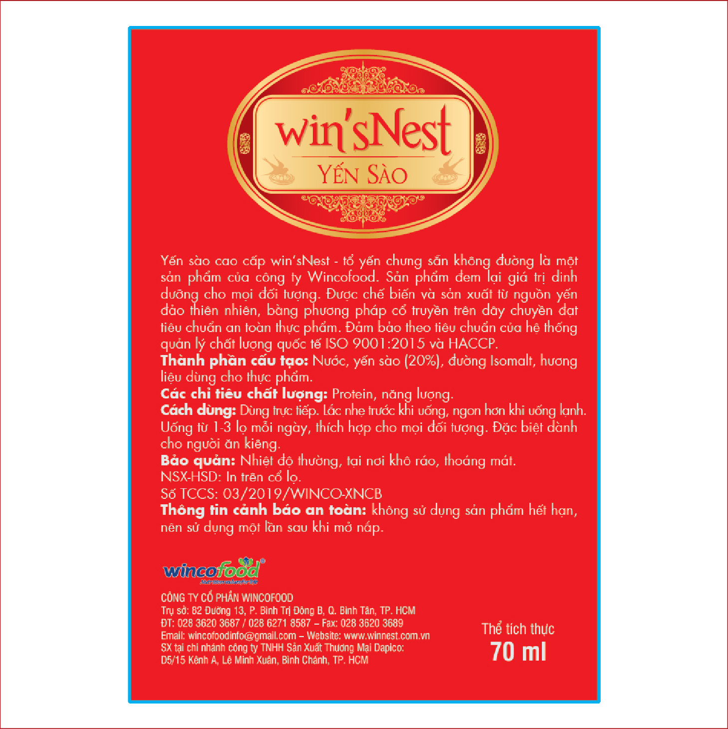 THÙNG 72 LỌ YẾN SÀO WIN'SNEST TỔ YẾN CHƯNG SẴN KHÔNG ĐƯỜNG 20% (70ML/LỌ)