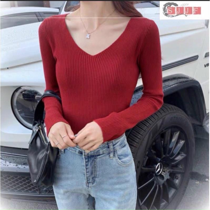 Áo len nữ dệt kim dài tay cổ tim bais nhiều màu