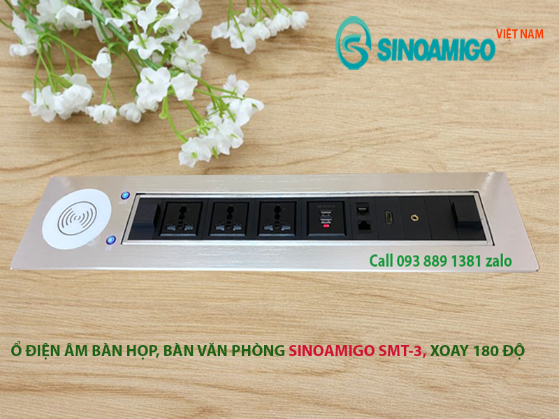 Hộp điện âm bàn họp, bàn văn phòng Sinoamigo SMT-3, xoay 180 độ, tích hợp sạc không dây