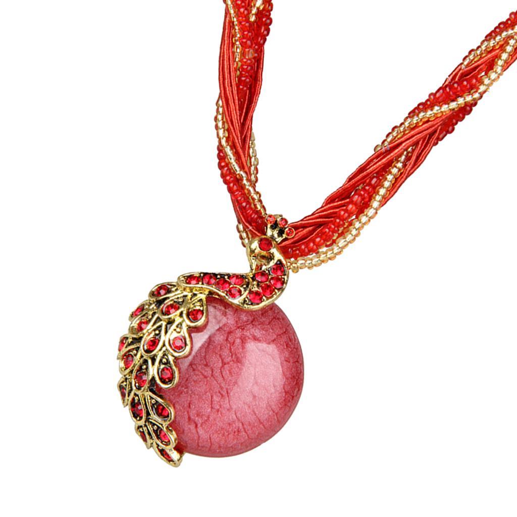 Bohemian Opal Necklace with Phoenix Peacock Pendant Jewel Accessory Red