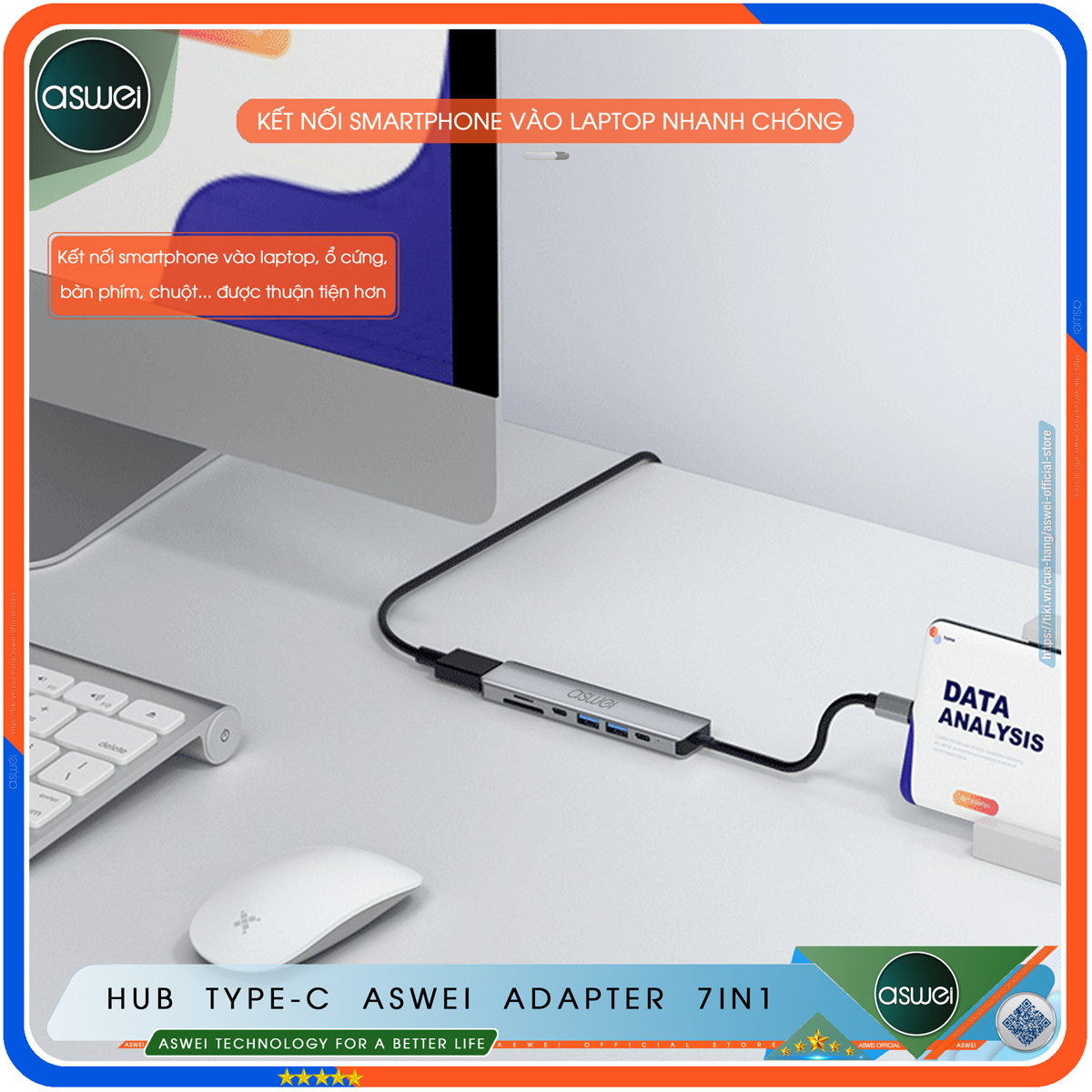 Hub Type C ASWEI 7 in 1 To HDMI, USB 3.0, SD, TF, USB C, PD - Hub Chuyển Đổi USB Type C 7 Cổng - Cổng Chia USB, Ổ Chia USB Tốc Độ Cao Dành Cho Macbook, Laptop, PC, Máy Tính Bảng, Điện Thoại - Hàng Chính Hãng