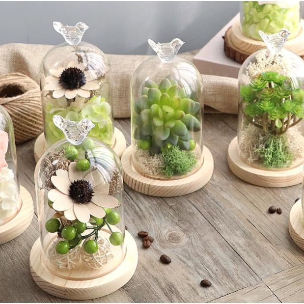 Chụp thủy tinh đế gỗ chống bụi, trang trí trái tim, chim, thỏ, noel - đậy nến thơm Candle Cup, BBW