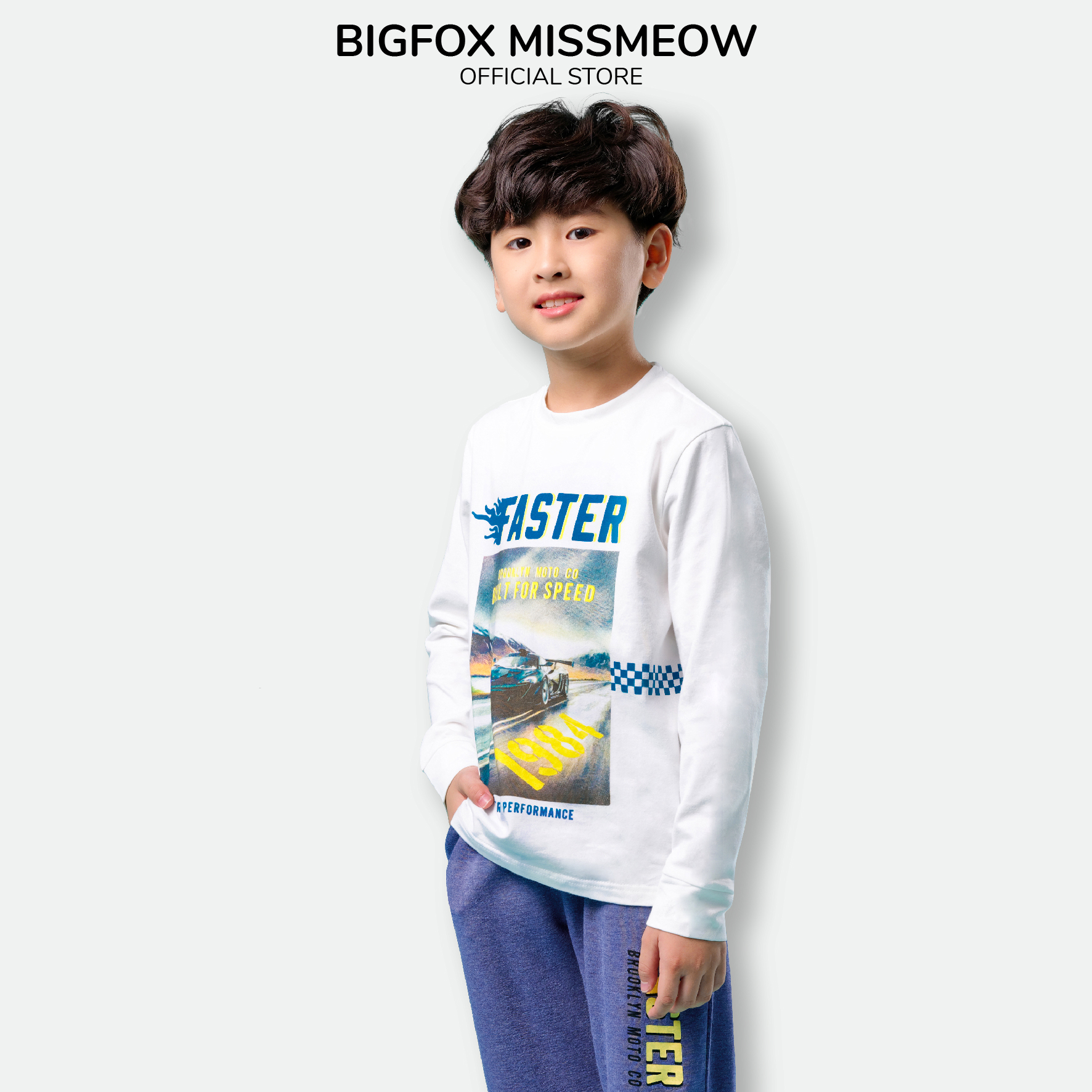 Bộ dài tay bé trai BIGFOX - MISS MEOW size đại, bộ thu đông cho bé phong cách Âu Mỹ hình in FASTER 10 - 37 kg QATE