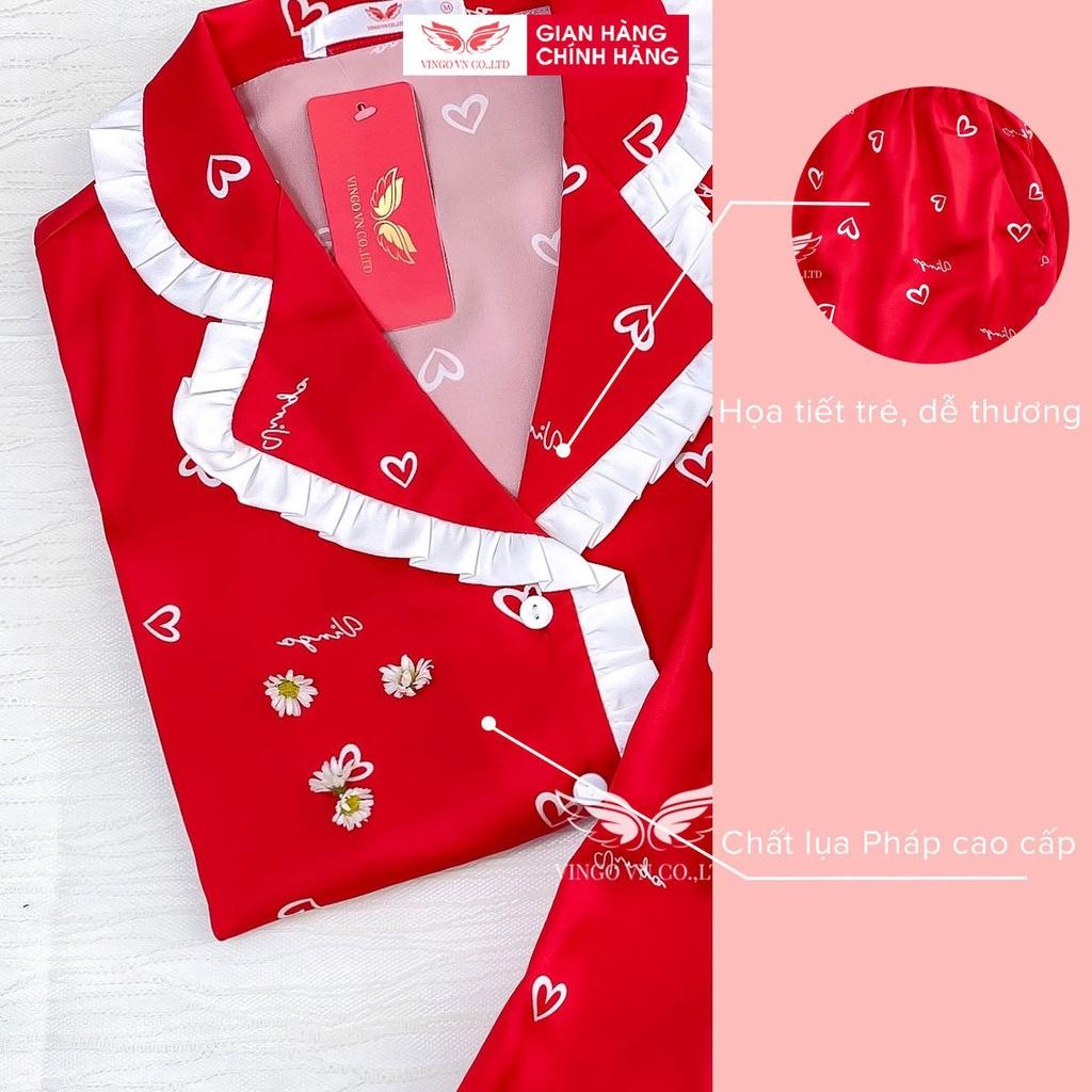 Đồ bộ nữ mặc nhà Pijama lụa Pháp VINGO tay ngắn quần đùi viền trắng xếp ly họa tiết trái tim mặc hè thoải mái H664 VNGO