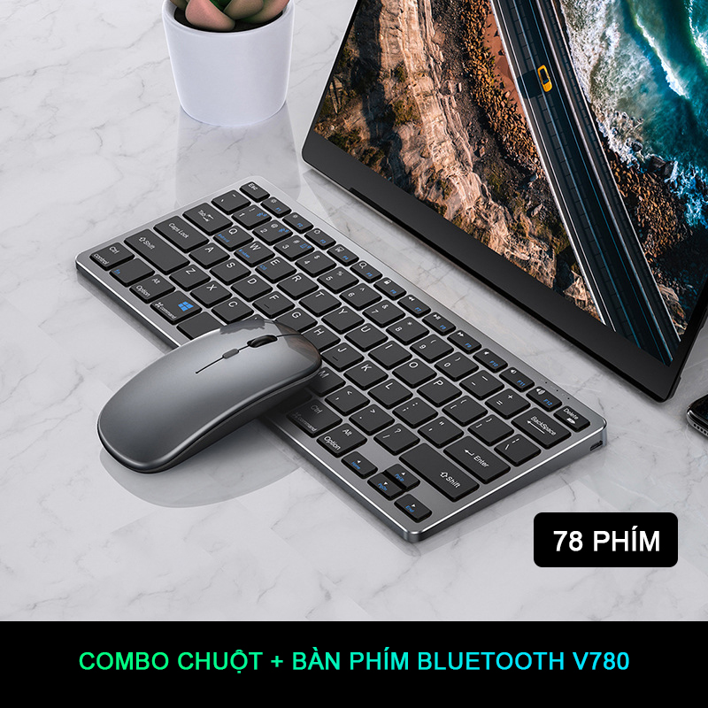 Bộ bàn phím chuột không dây sạc pin Sidotech V780B dòng bàn phím bluetooth mini cho Laptop Macbook Máy tính bảng, sạc pin 1 lần dùng 1 tháng, thiết kế công thái học êm ái có chức năng silent chống ồn khi gõ, kiểu dáng hiện đại