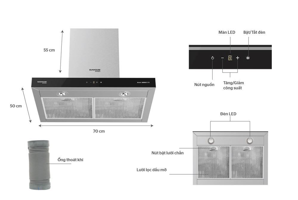 Máy hút mùi cao cấp chữ &quot;T&quot; Sunhouse Mama MMB6817-70 - Hàng Chính Hãng