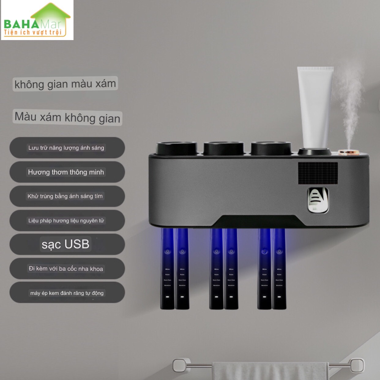MÁY KHỬ TRÙNG CỐC VÀ BÀN CHẢI ĐÁNH RĂNG BẰNG TIA CỰC TÍM TREO TƯỜNG KHÔNG CẦN KHOAN."BAHAMAR" Có xịt thơm tự động giúp không gian luôn trong lành,