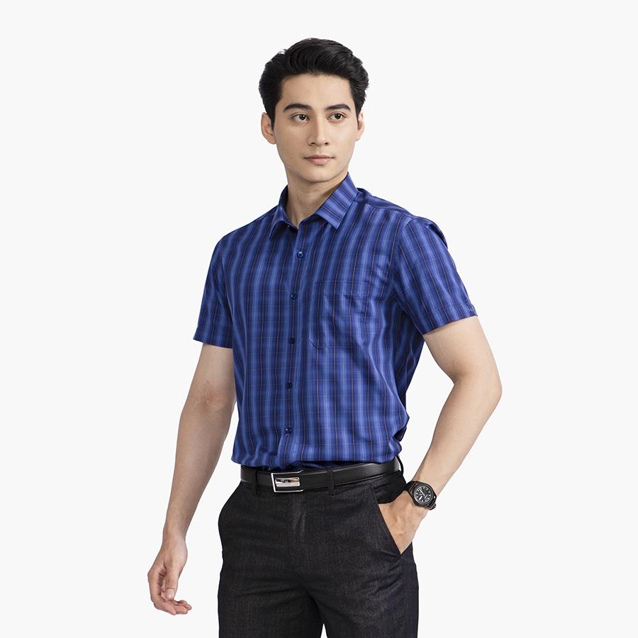 Áo sơ mi nam ngắn tay ARISTINO phom Perfect fit, xanh tím than kẻ trắng nổi bật - ASS315S2