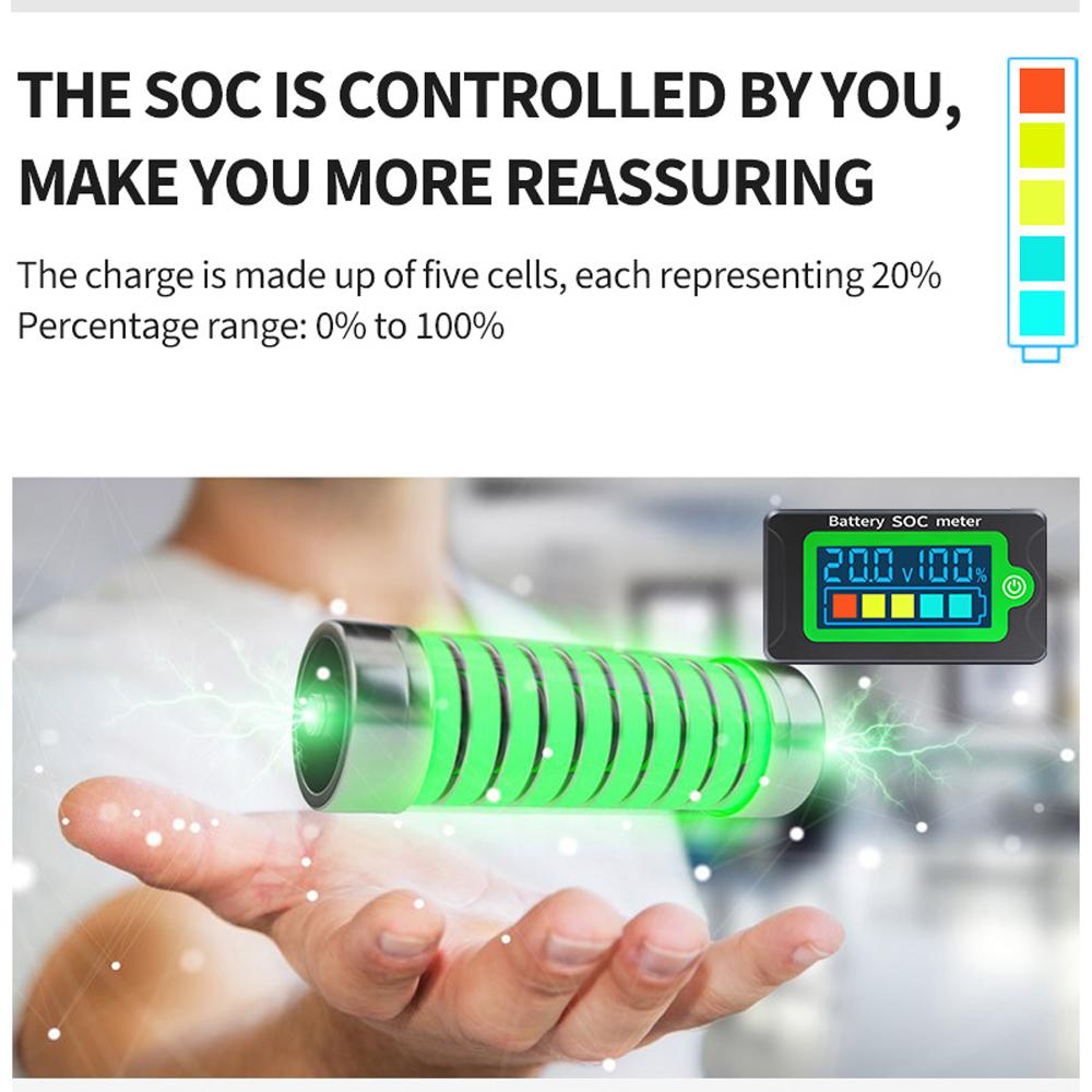 Waterproof Battery SOC Power Meter Capacity Indicator 8-100V Direct Current Voltmeter 12.0V 24V 36V 48V 60V 72V Lithium Iron Phosphate Battery Ternary Lithium Polymer Battery Tester