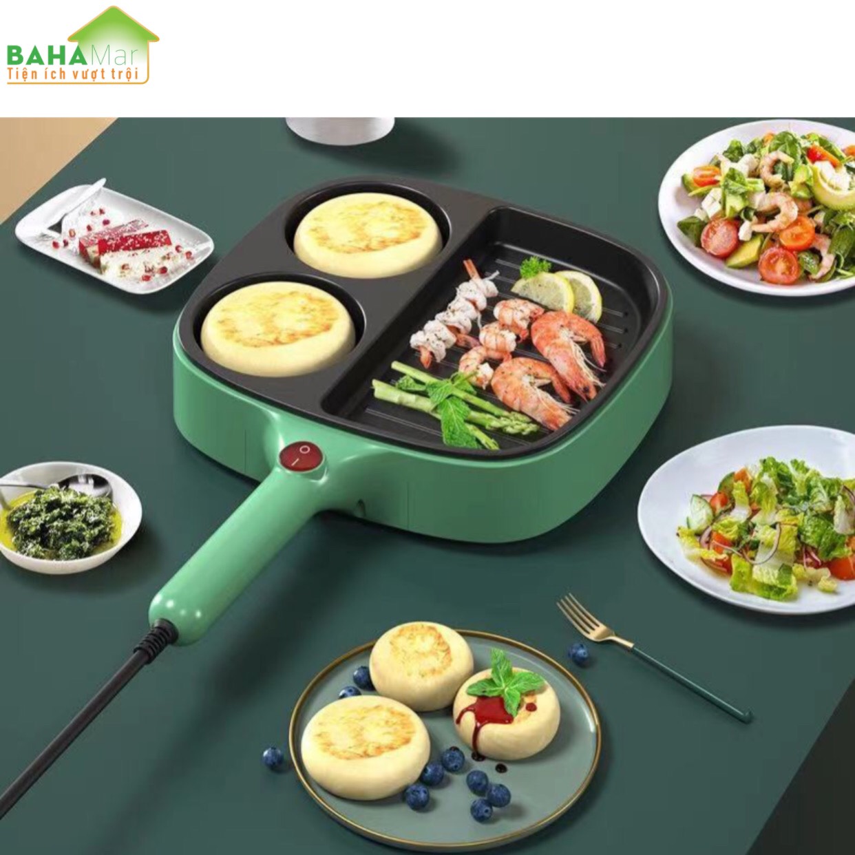 CHẢO ĐÁ ĐIỆN MINI CHỐNG DÍNH CHIA 3 NGĂN TIỆN SỬ DỤNG CHO BẾP "BAHAMAR" Chảo chia 3 ngăn, 2 ngăn tròn làm bánh, ngăn to dùng chiên, xào tiện lợi.