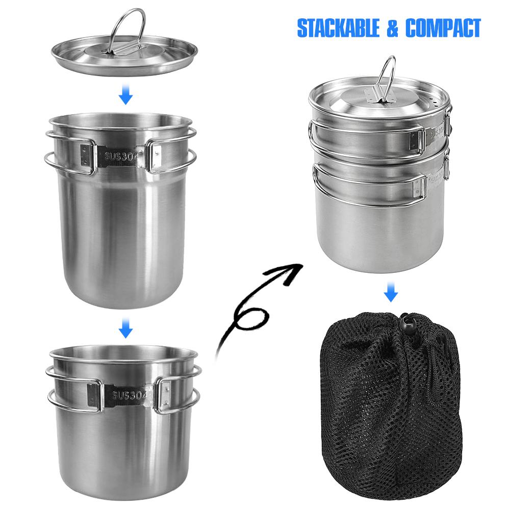 Nồi nấu ăn bằng thép không gỉ, có nắp đậy, có lỗ thoát hơi, tay cầm đi cắm trại, dã ngoại, câu cá