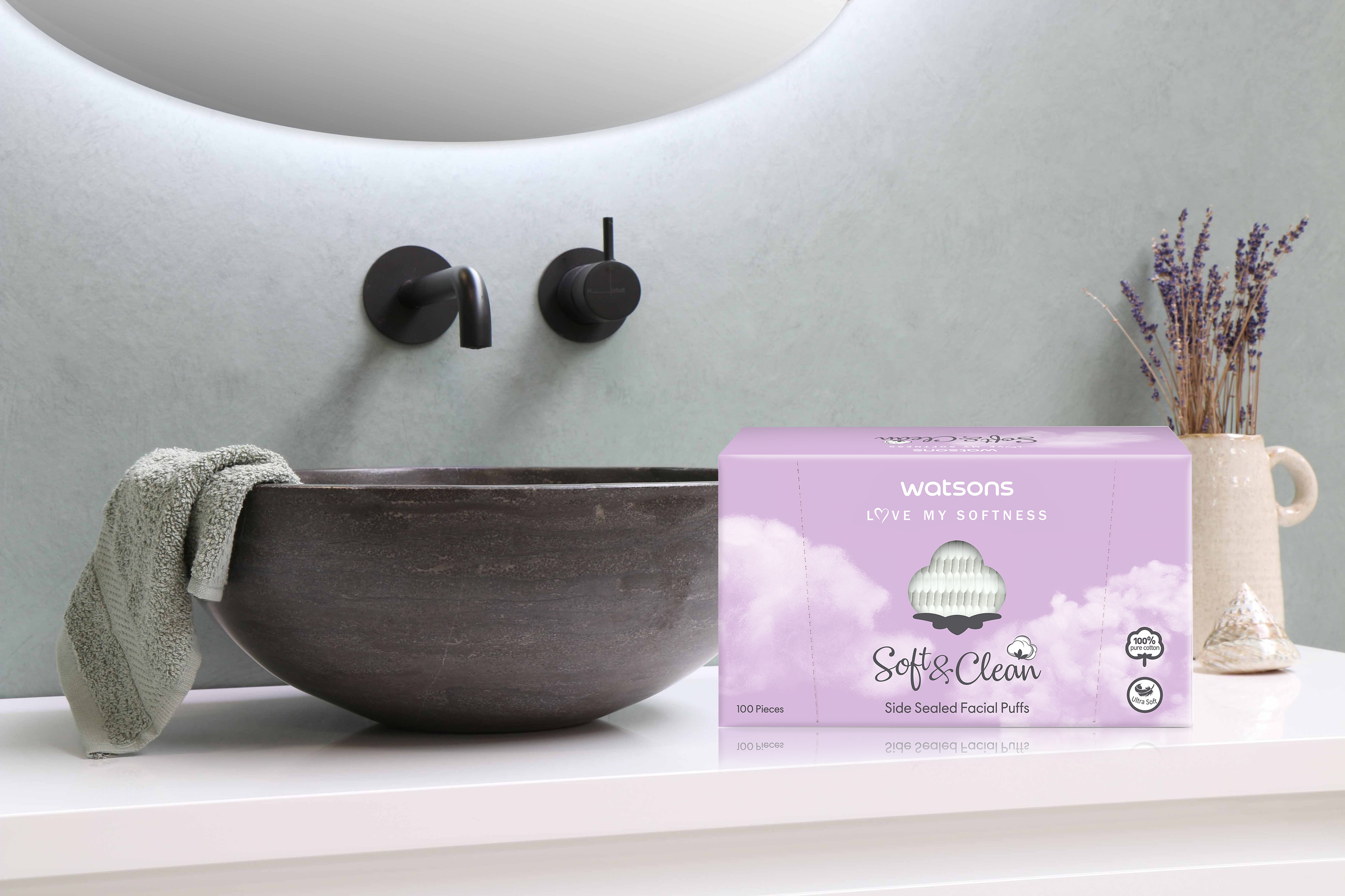 Bông Tẩy Trang Watsons Love My Softness Soft & Clean Side Sealed Facial Puff Cuốn Biên 100 Miếng