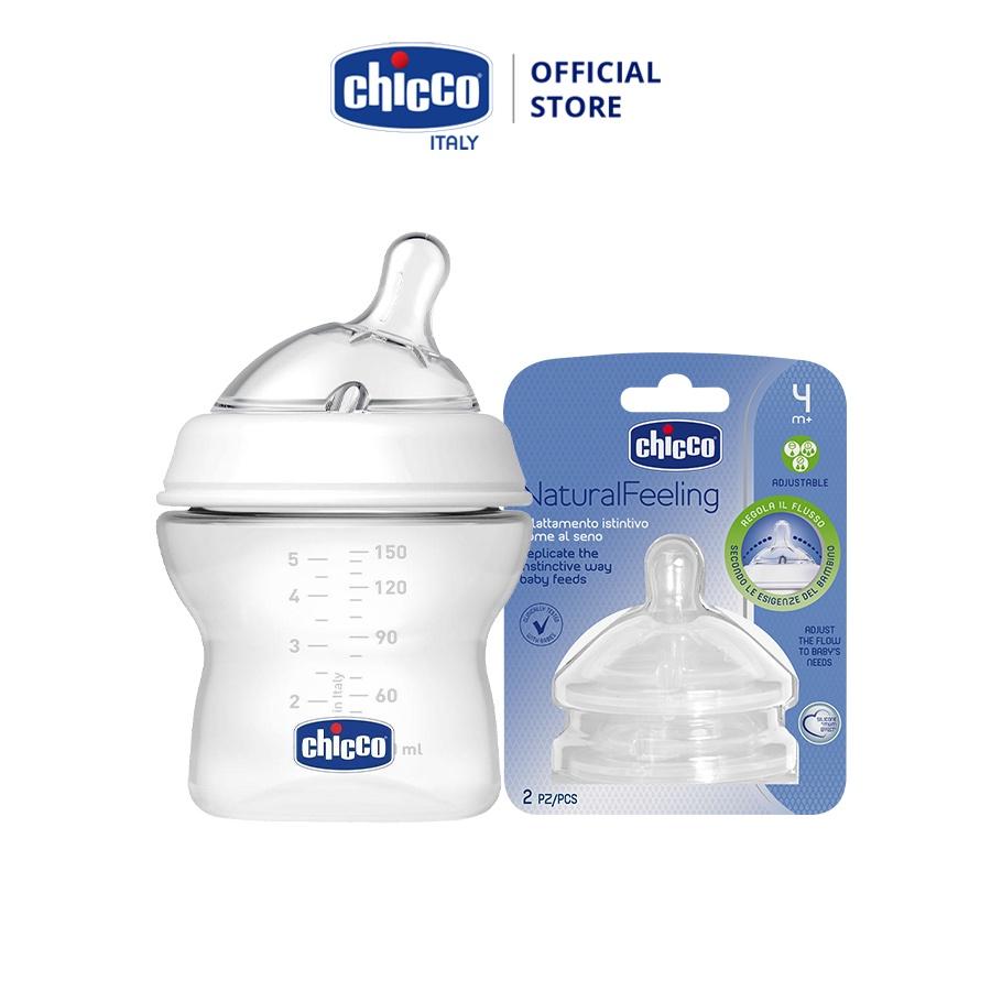 Combo Bình sữa núm nghiêng Pisa Chicco Natural Feeling 0M+150ml &amp; Hai núm ty thay điều chỉnh dòng chảy 4M+