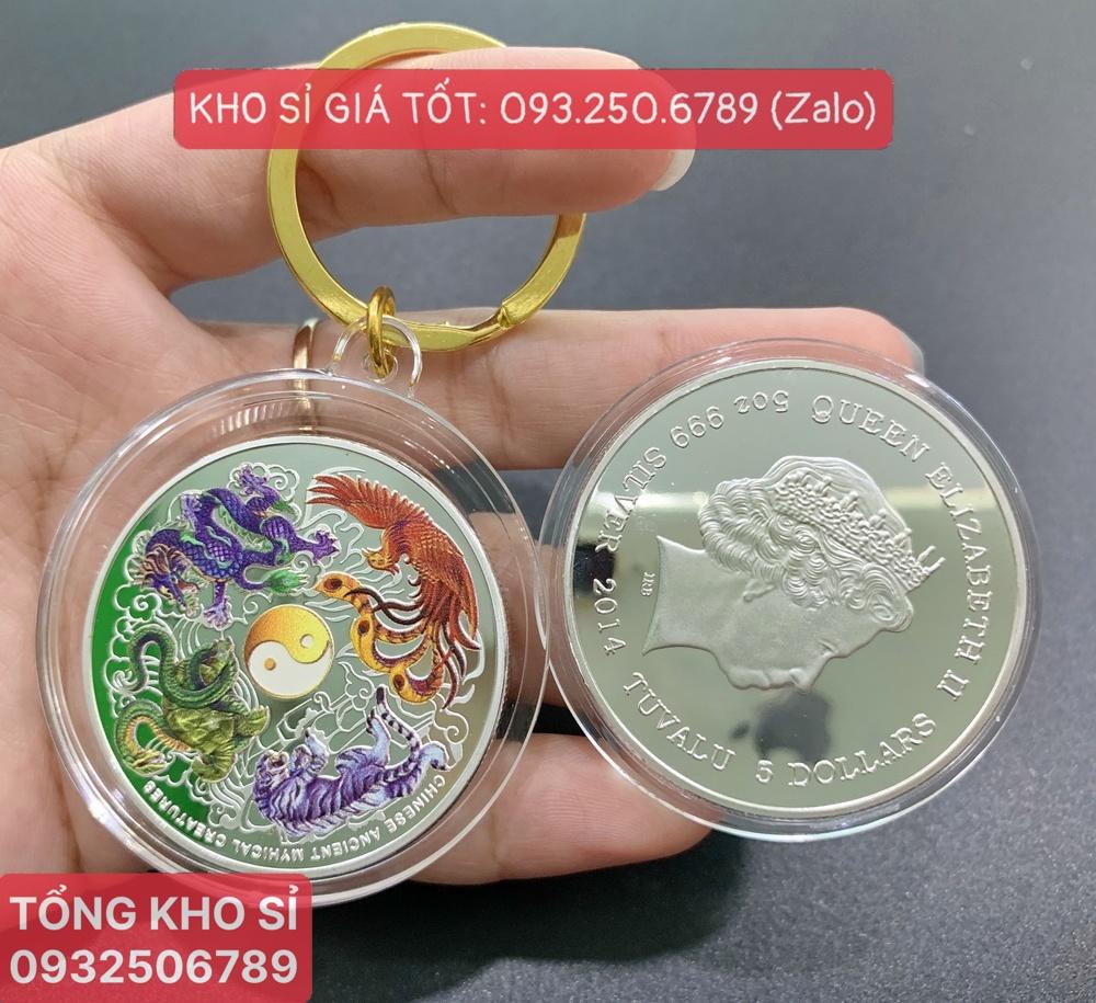 Móc khóa phong thủy - Xu Tứ Linh Đồng Xu Phong Thủy Đep &amp; May Mắn, kèm Túi Gấm Đỏ, Tiền lì xì tết 2023 , NELI