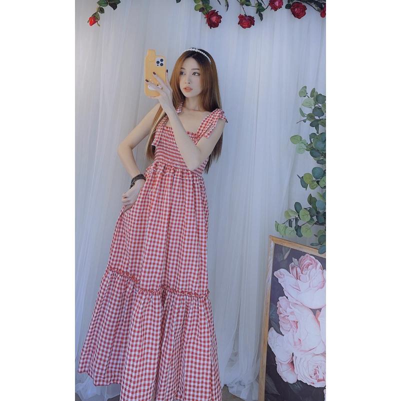 Đầm maxi nữ hai dây cột nơ caro siêu xinh dạo phố du lịch bầu bì bon chen kèm hình thật bao đẹp htd8740