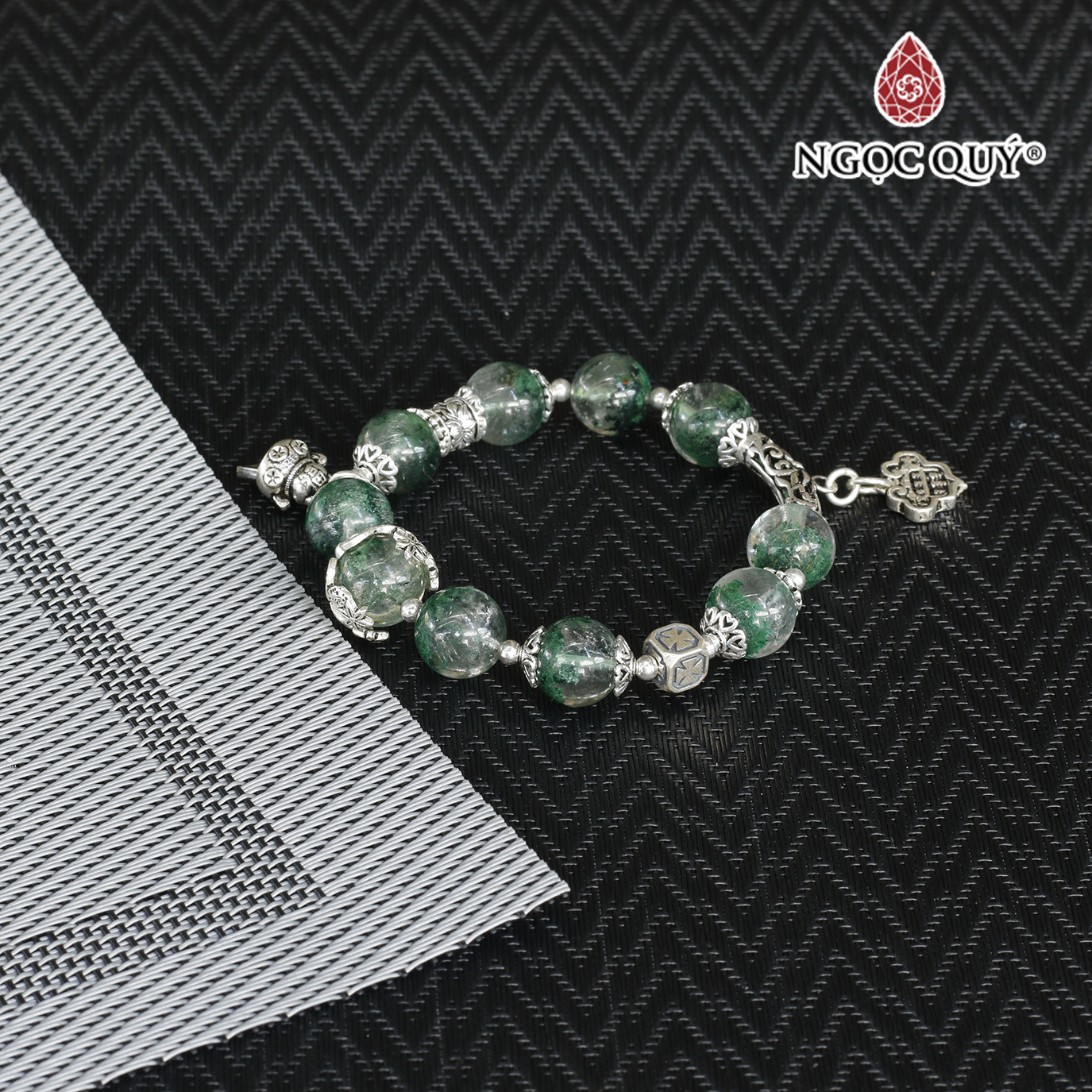 Vòng tay đá thạch anh ưu linh xanh phối charm bạc hạt 11mm mệnh hỏa, mộc - Ngọc Quý Gemstones