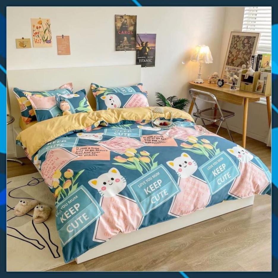Hàng Auth- Bộ chăn ga gối Cotton Poly Mèo hoa, vỏ chăn mền, drap giường và 2 vỏ gối