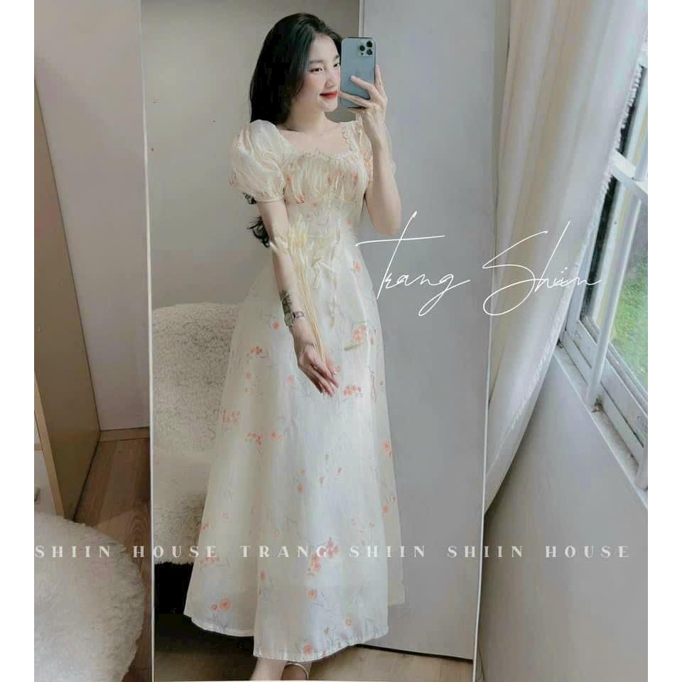 Đầm midi voan hoa phối ren nhún ngực tay phồng siêu xinh
