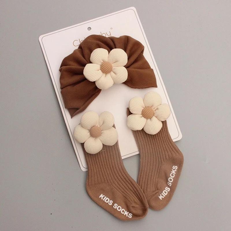 Set Mũ Nón Turban Kèm Vớ Cao Cổ Có Chống Trượt Đính Hình Dễ Thương Cho Bé Gái - Chicbaby