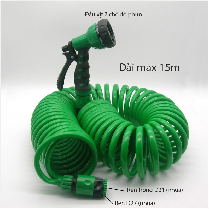 Bộ vòi xịt 7 chế độ kèm dây mềm lò xo dài max 15m (nhựa mềm) và phụ kiện đấu nối