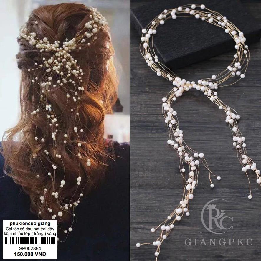 Cài tóc dây hạt trai xếp nhiều lớp không bông tai