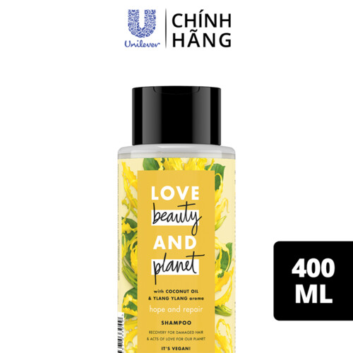 Dầu gội LOVE BEAUTY &amp; PLANET Phục hồi hư tổn Ngăn chẻ ngọn 100% dầu dừa organic và hương hoa ngọc lan tây 400ml