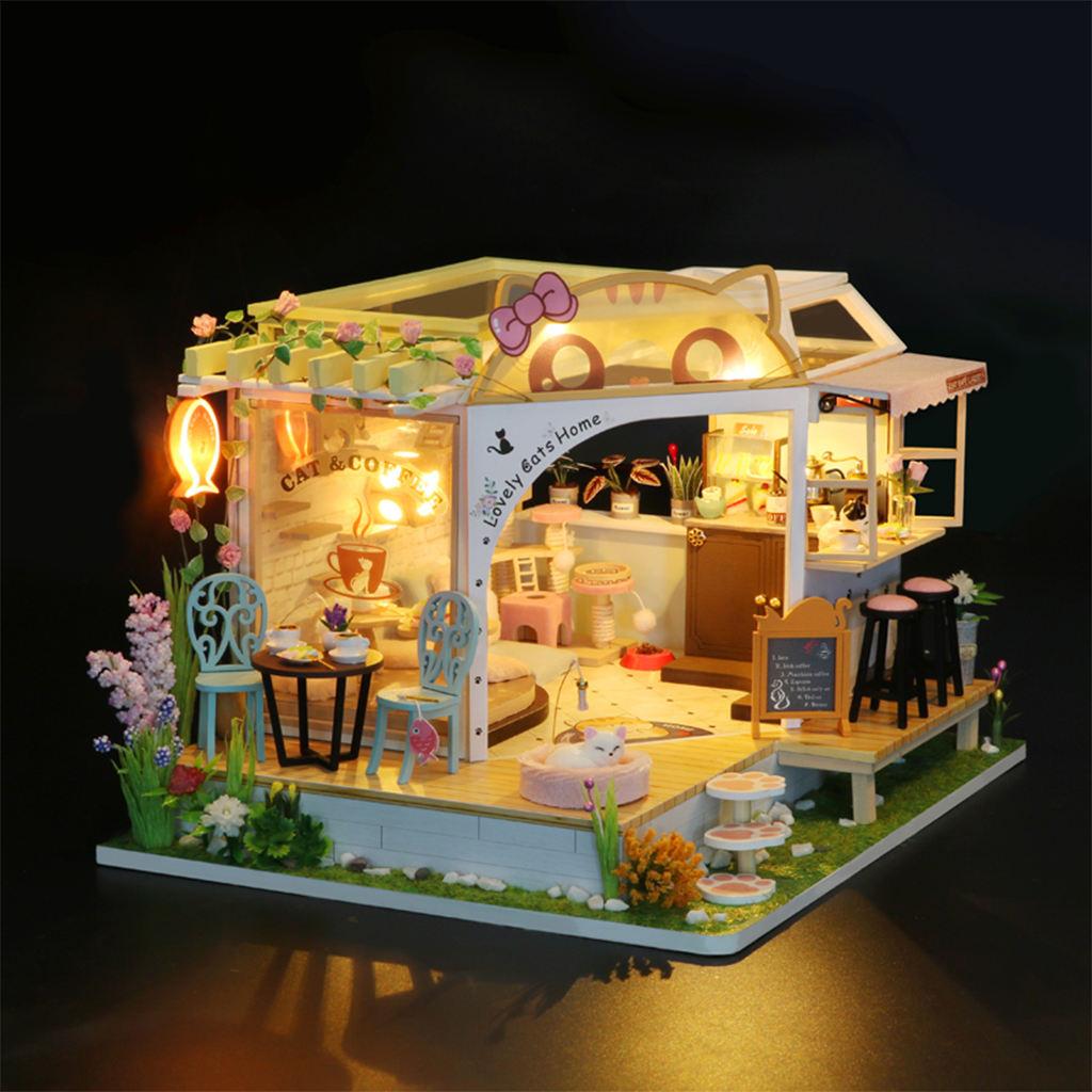 DIY Creative Dollhouse Cat Coffee Shop Kit LED Light Wooden 3D Puzzles