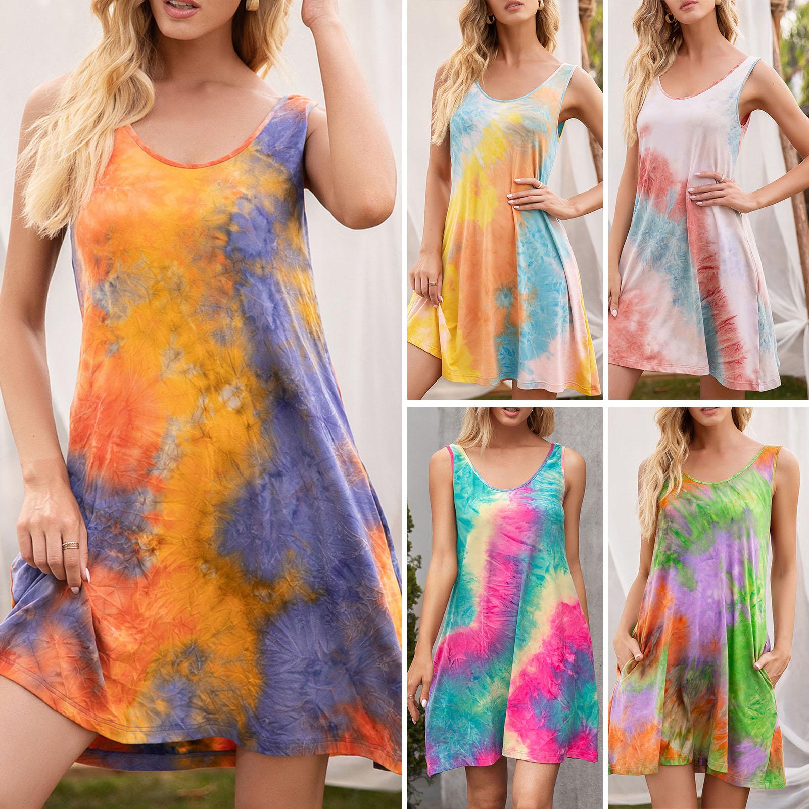 Women Mini Dress Tie Dye O Neck Sleeveless Side Pocket Casual Loose Tank Dress