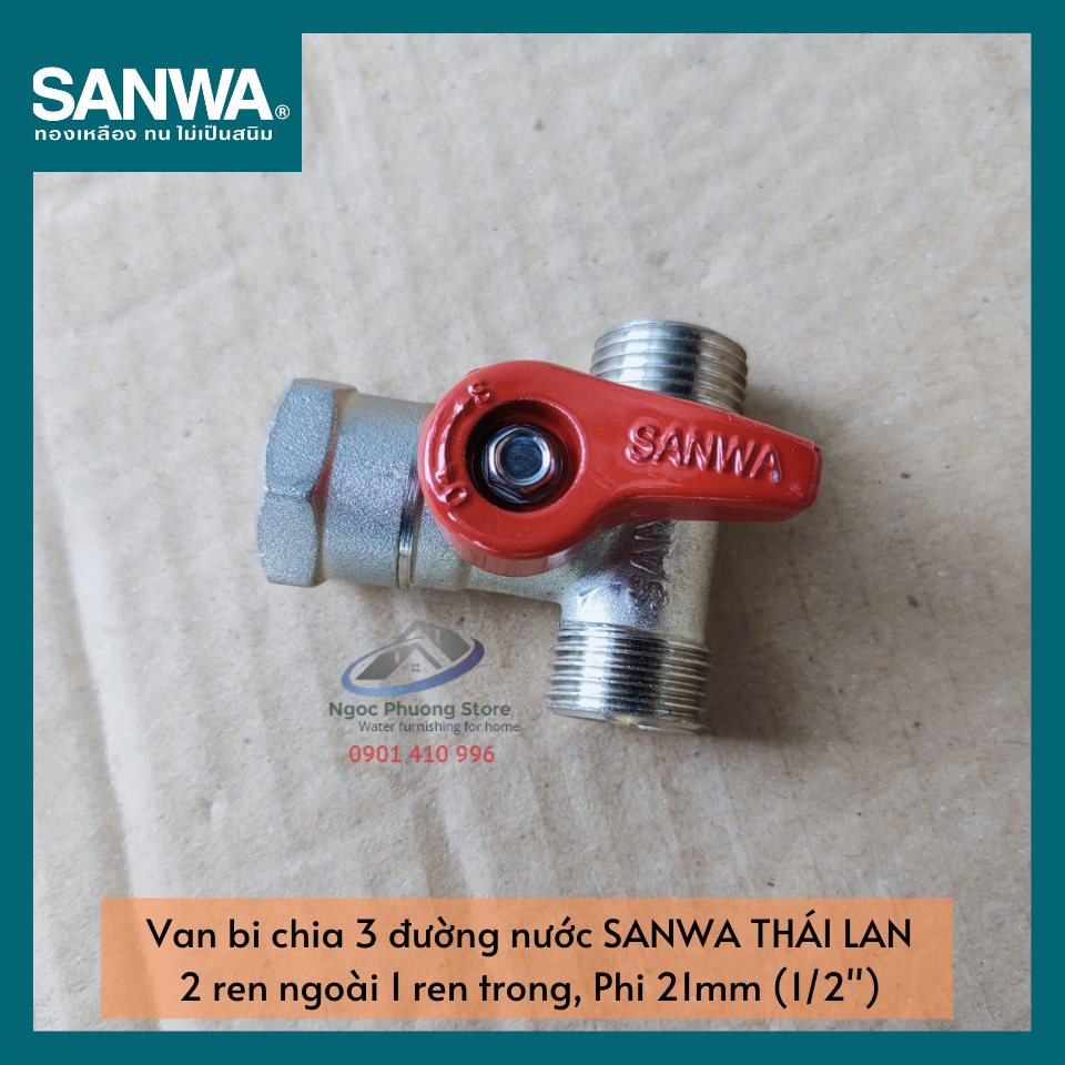 Van khóa bằng đồng chia 3 đường nước, 2 ren ngoài 1 ren trong SANWA THÁI LAN Phi 21mm (1/2&quot;) BV15MFM