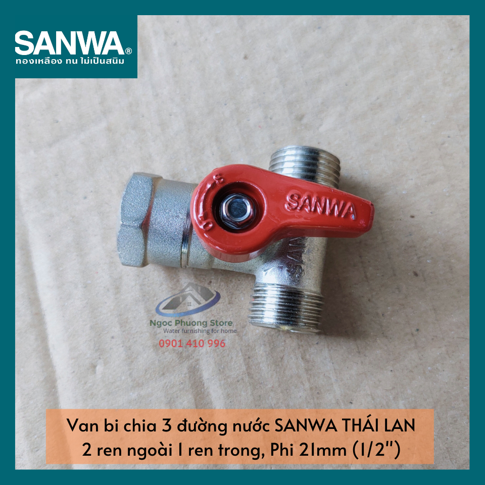 Van bi chia 3 đường nước 2 ren ngoài, 1 ren trong Sanwa THÁI LAN Phi 21mm