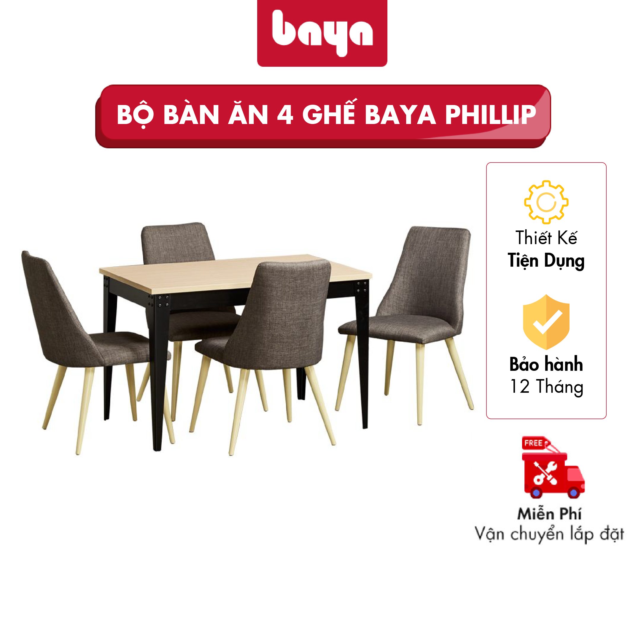 Bộ Bàn Ăn 4 Ghế BAYA PHILLIP Chất Liệu Gỗ MFC Khung Kim Loại Bền Chắc Màu Sắc Trang Nhã 6000201