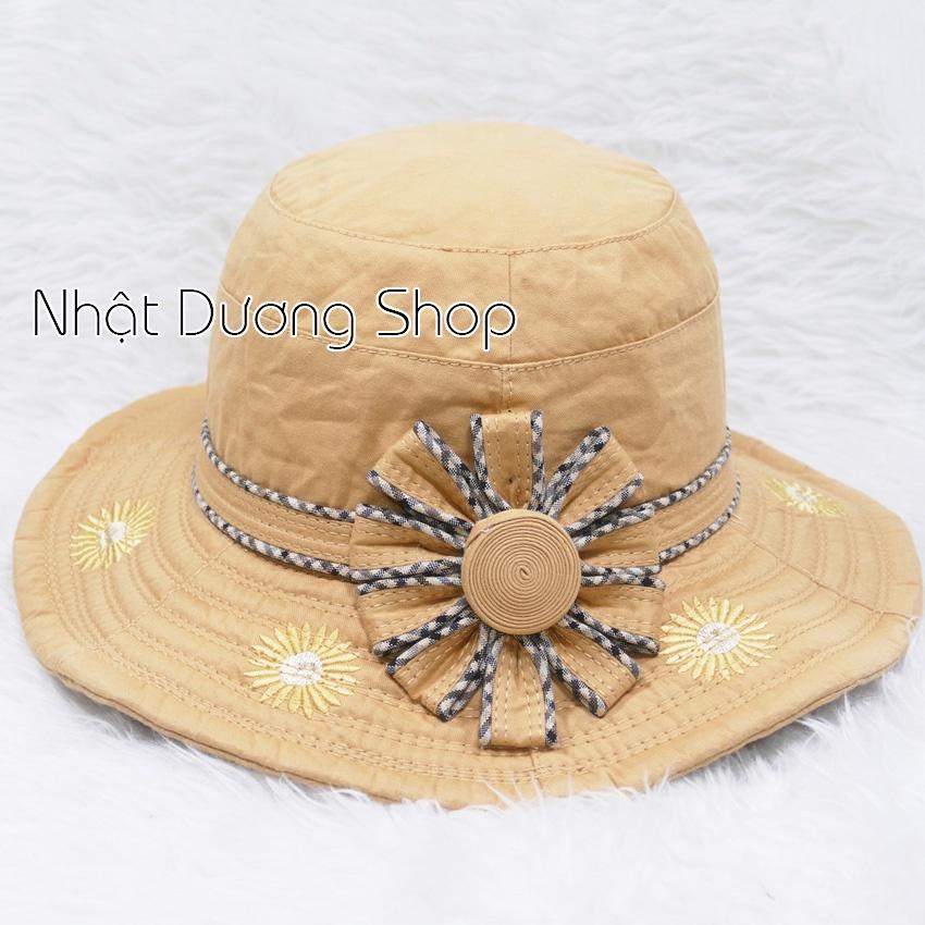 Nón Bo nữ Vành 7cm được gắn hoa tròn lớn kết hợp thêu hoa xung quanh vành nón- Chất liệu cotton cao cấp