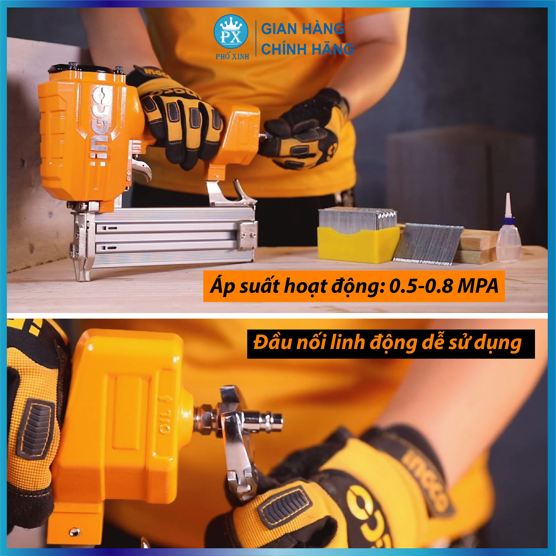 Máy bắn đinh bê tông dùng khí nén INGCO ACN18641 khả năng tải 70 pcs, kích thước đinh 18-64mm