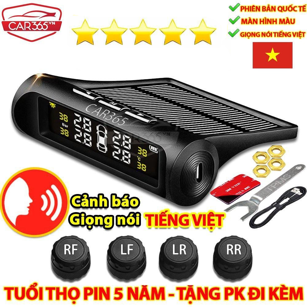Cảm biến áp suất lốp ô tô xe hơi gắn ngoài cao cấp Car365 Cảnh báo tiếng Việt độc quyền - Pin mặt trời, Màn LCD