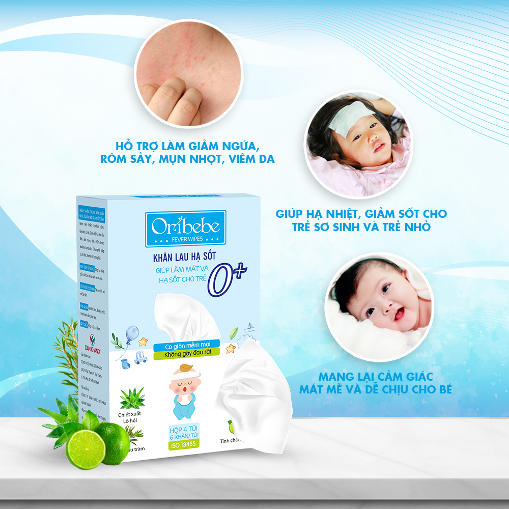 Khăn Lau Hạ Sốt 0Y+ Oribebe Cho Bé Giúp Hạ Nhiệt Giảm Sốt Hộp 4 Túi x 6 Khăn