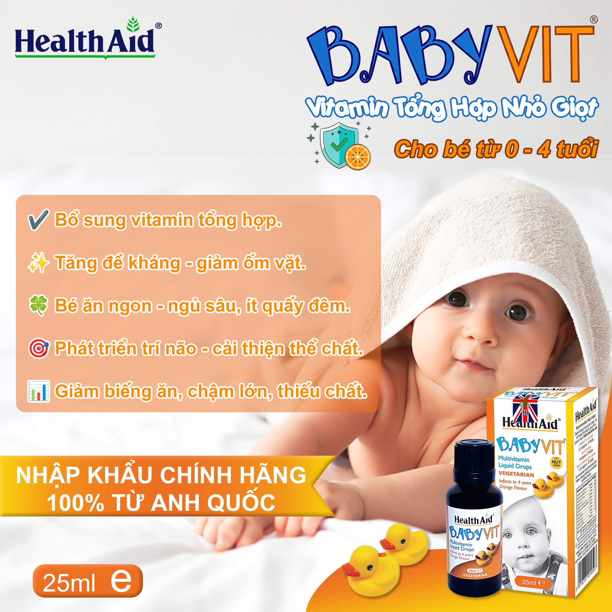 Siro Vitamin Tổng Hợp Nhỏ Giọt Tăng Đề Kháng Cho Bé BabyVit HealthAid UK Trẻ Giảm Ốm Vặt Ăn Ngon Ngủ Tốt Hộp 25ml Nhập Khẩu Chính Hãng