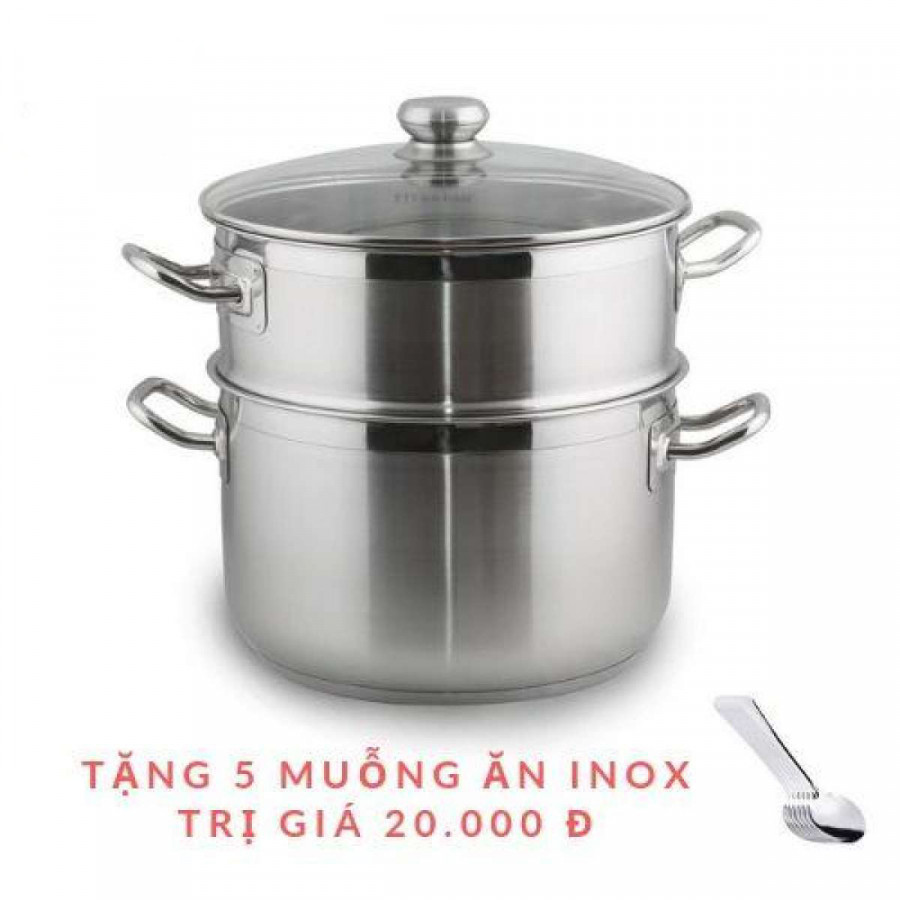 Bộ Nồi Xửng Hấp Inox 430 Bếp Từ 3 Đáy Nắp Kính Fivestar Tặng 5 Muỗng Ăn (28cm)