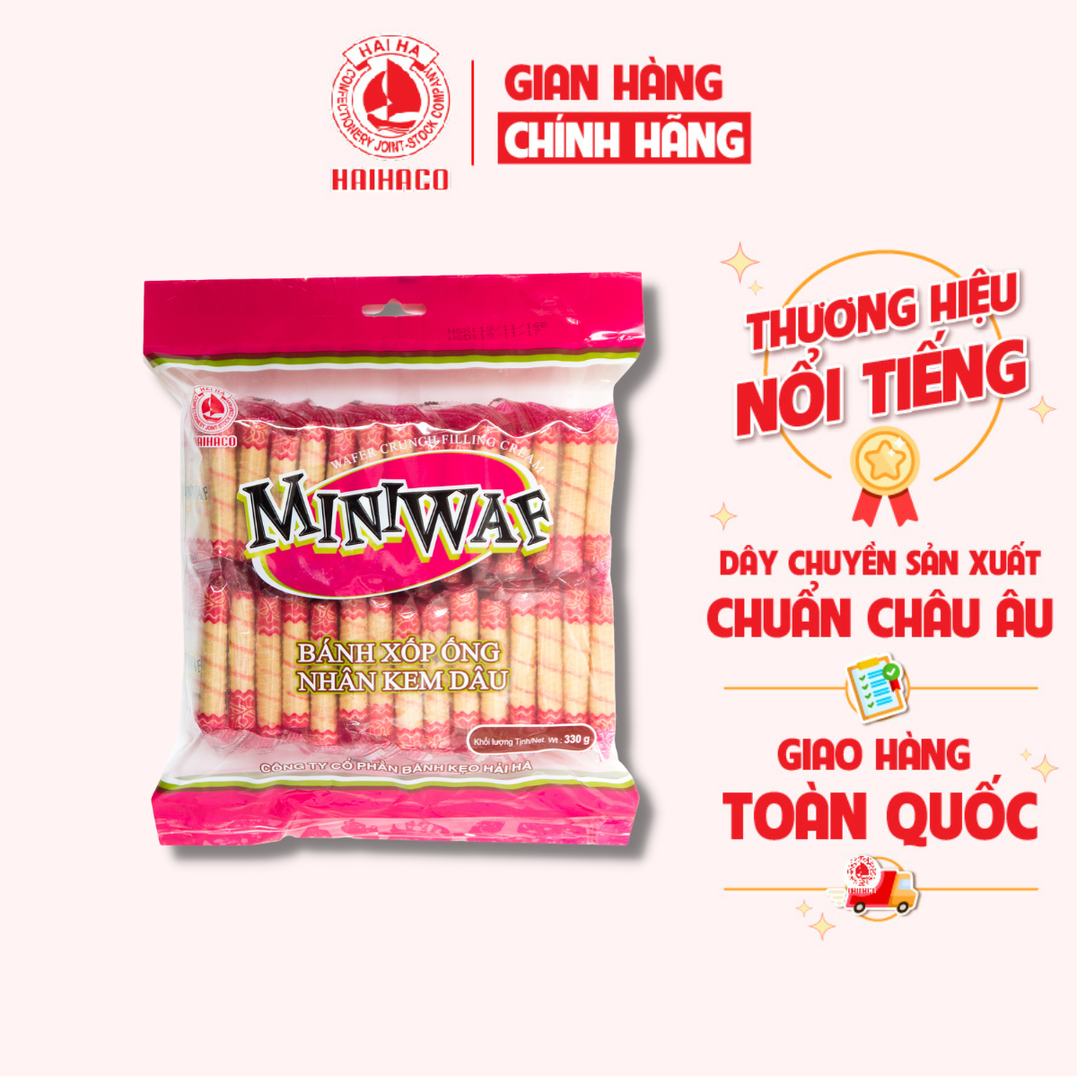 Bánh Xốp Ống Nhân Kem Dâu Miniwaf HẢI HÀ (Túi: 300g) - Hàng chính hãng