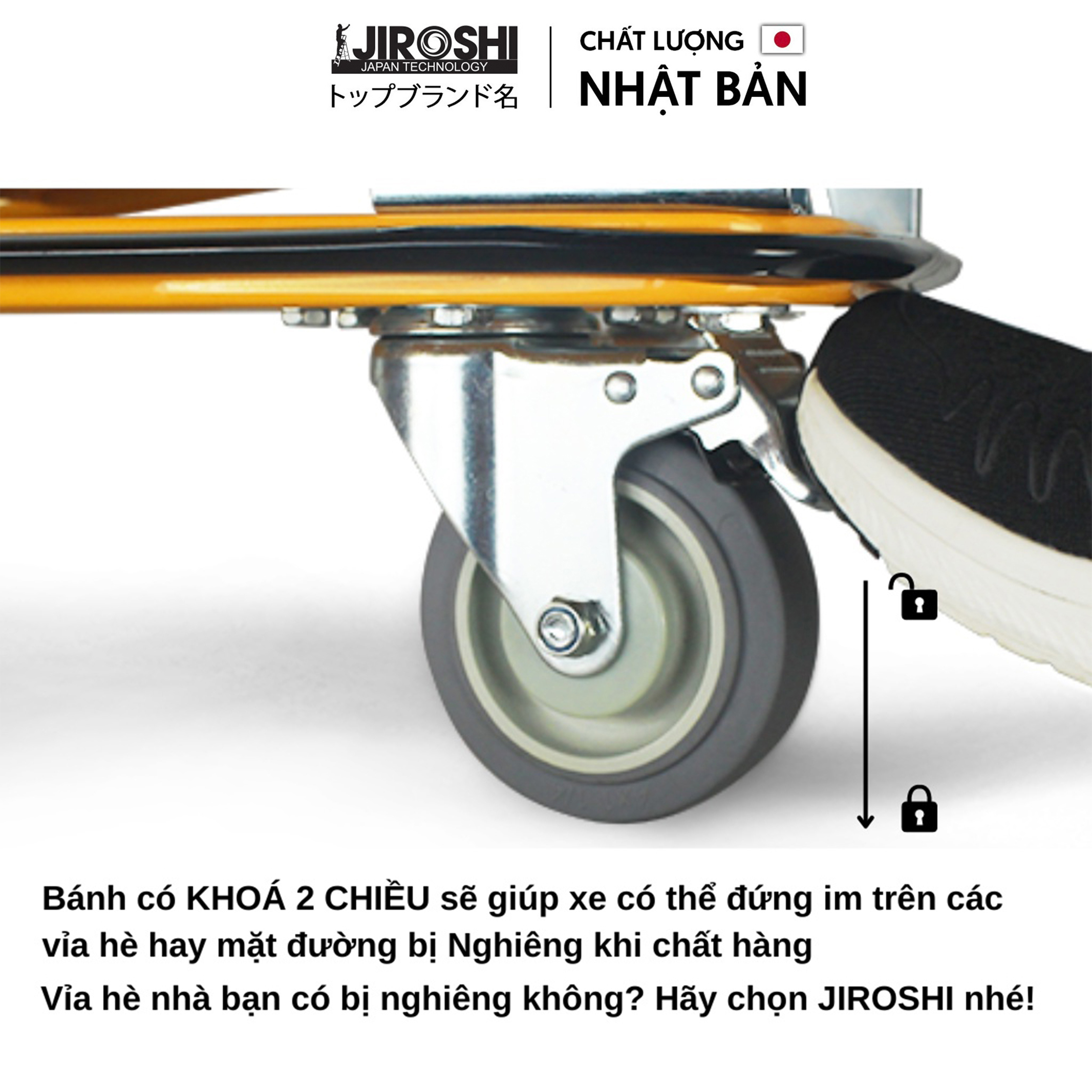 Xe đẩy hàng 4 bánh gấp gọn 150kg JIROSHI bánh chống ồn có khoá, xe kéo hàng bốn bánh tay xếp gọn chở đồ tải nặng