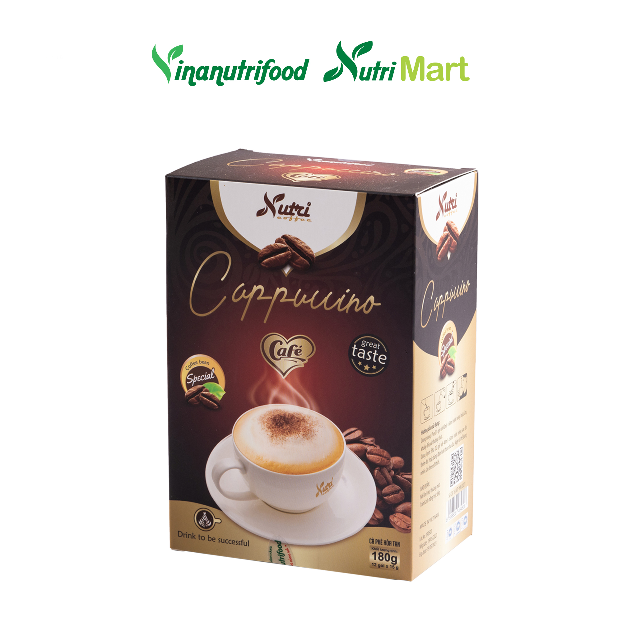 Cà phê capuchino Vinanutrifood C01, cafe thơm ngon hấp dẫn cùng vị béo ngậy tạo sự cuốn hút, giúp khơi dậy tinh thần, sự sảng khoái tỉnh táo để làm việc, học tập hiệu quả, đảm bảo an toàn thực phẩm tiêu chuẩn GMP - WHO (15g x 12 gói)