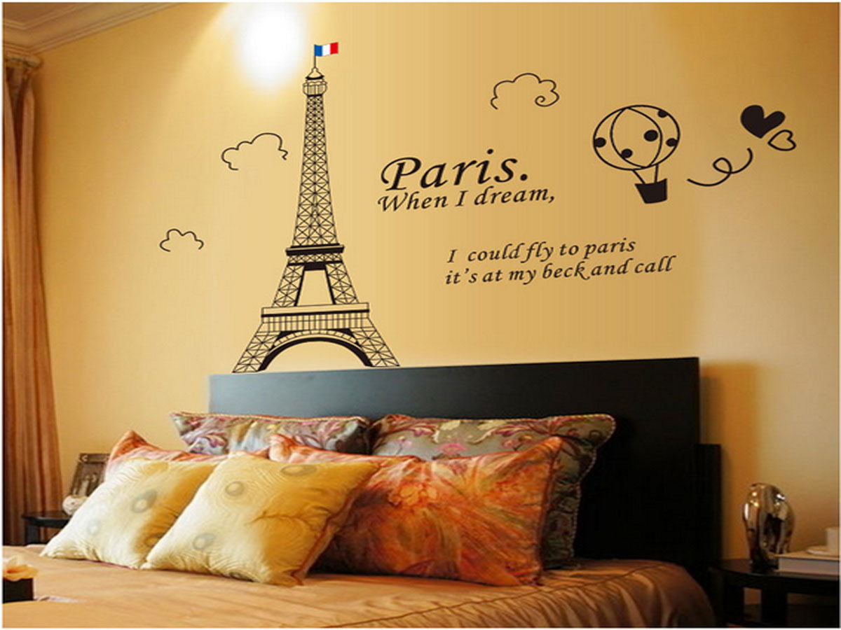 Decal dán tường thành phố paris mộng mơ và tháp eiffel đen