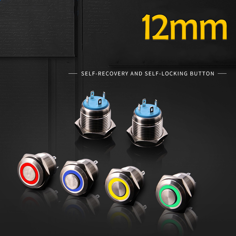 Nút công tắc nhấn giữ Tự khóa có LED 12mm (3V-6V 12-24V 110-220V) Vỏ Kim loại chống nước