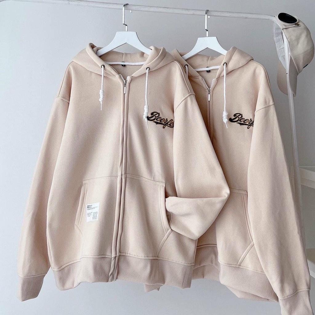 Áo Khoác Be Sữa Khóa Kéo Áo Khoác Nỉ Ngoại Mềm Mịn In Chữ Beer Nét Form Rộng Unisex