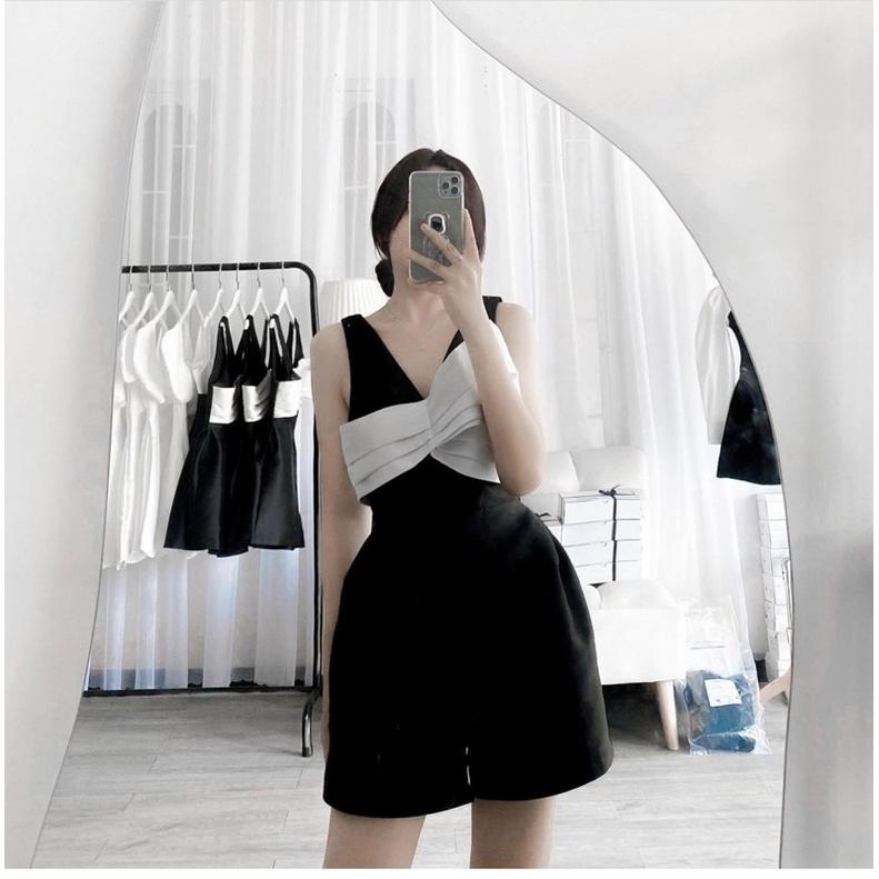 JUMPSUIT SÁT NÁCH PHỐI NƠ NGỰC TRẮNG XẾP LY