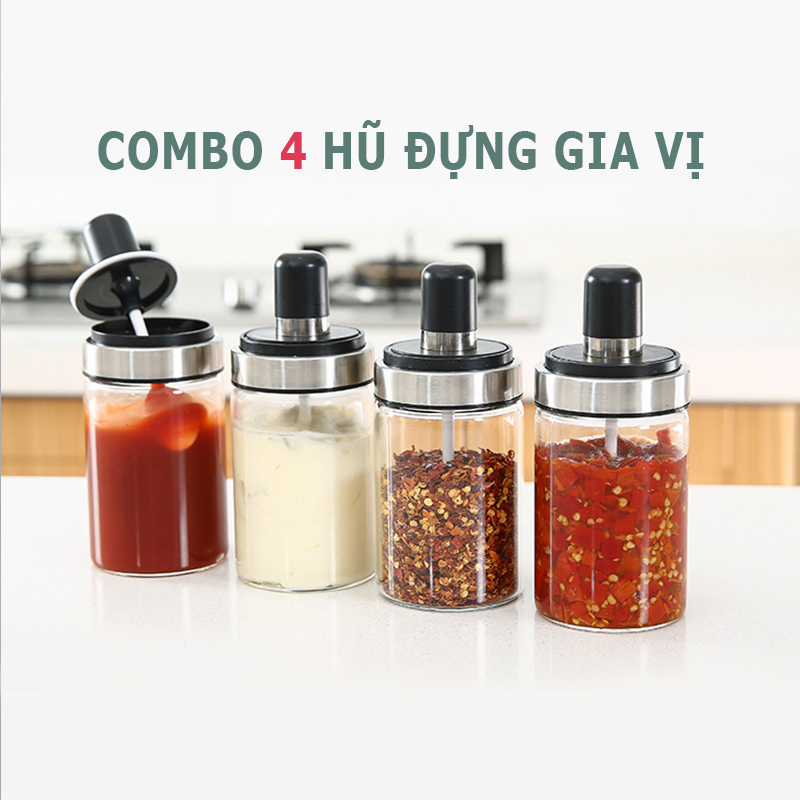 Combo 04 Hũ Đựng Gia Vị, Lọ Đựng Gia Vị Thuỷ Tinh Viền Inox Kèm Muỗng